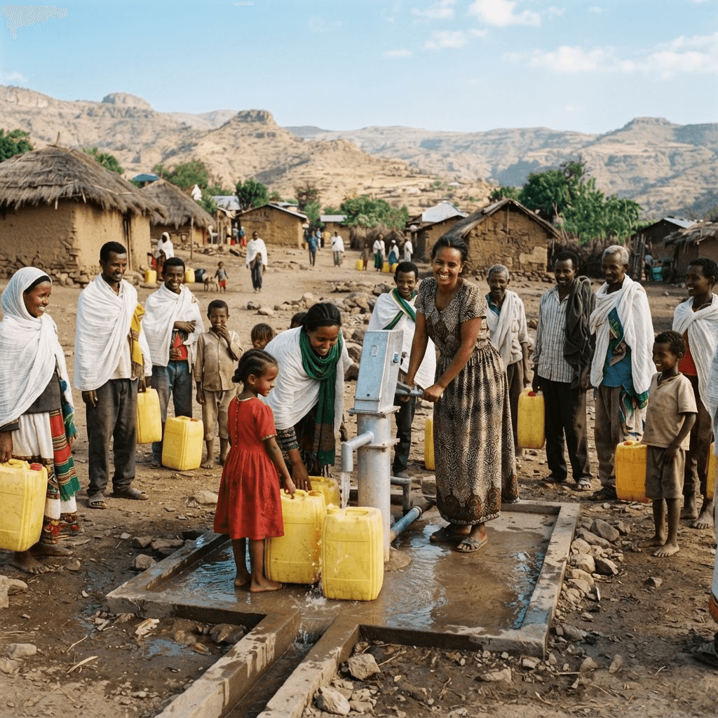 Rural Ethiopian villagers collecting drinking water from a new water point