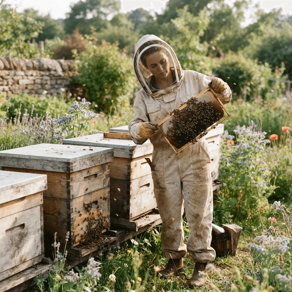 A beekeeper inspecting a honeycomb frame