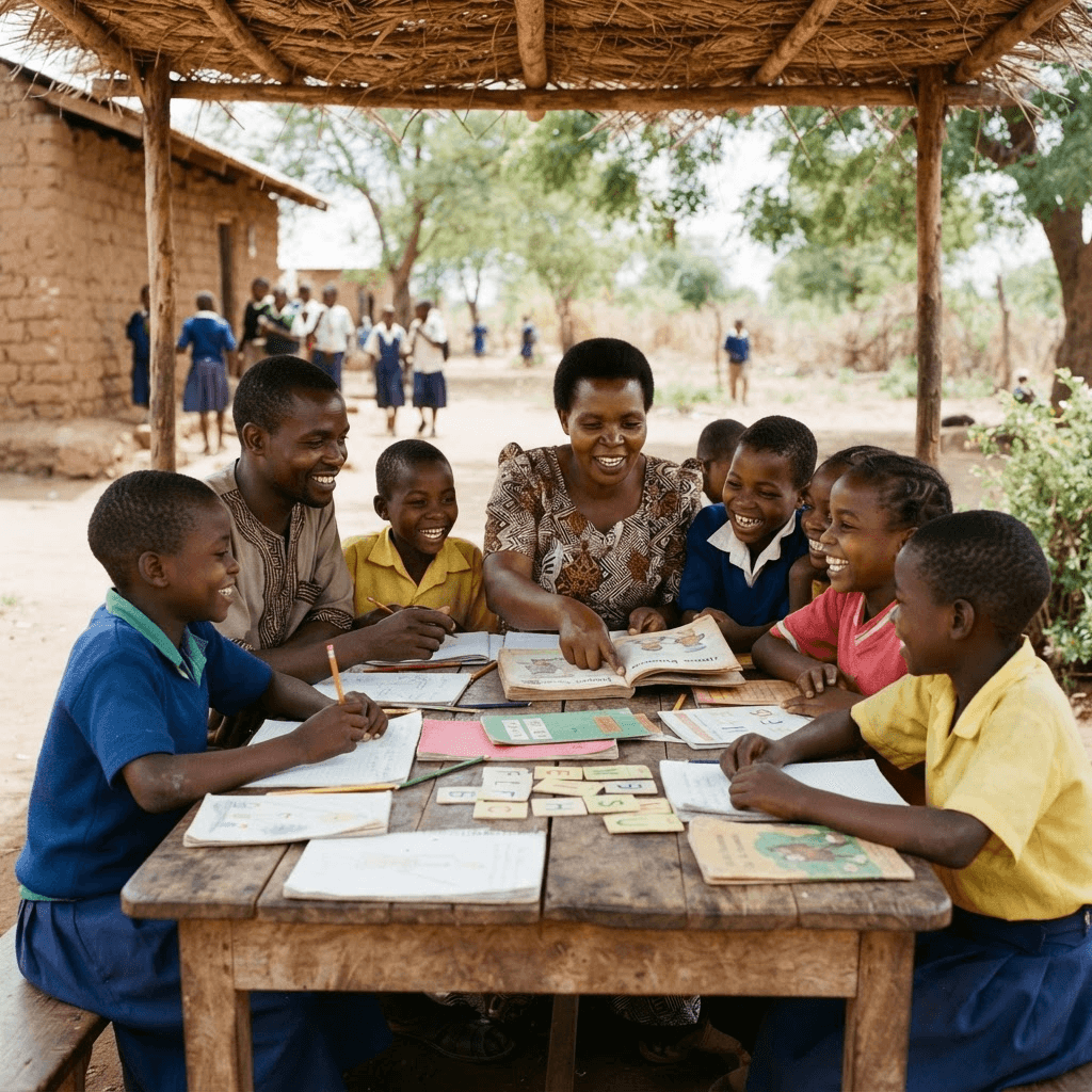 Children gathered around a community learning activity