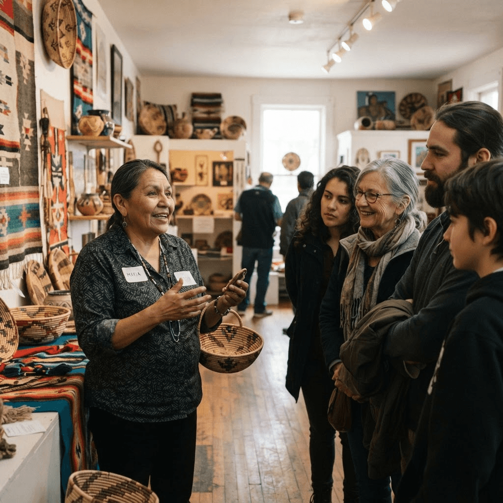 A guided conversation inside a cultural exhibition