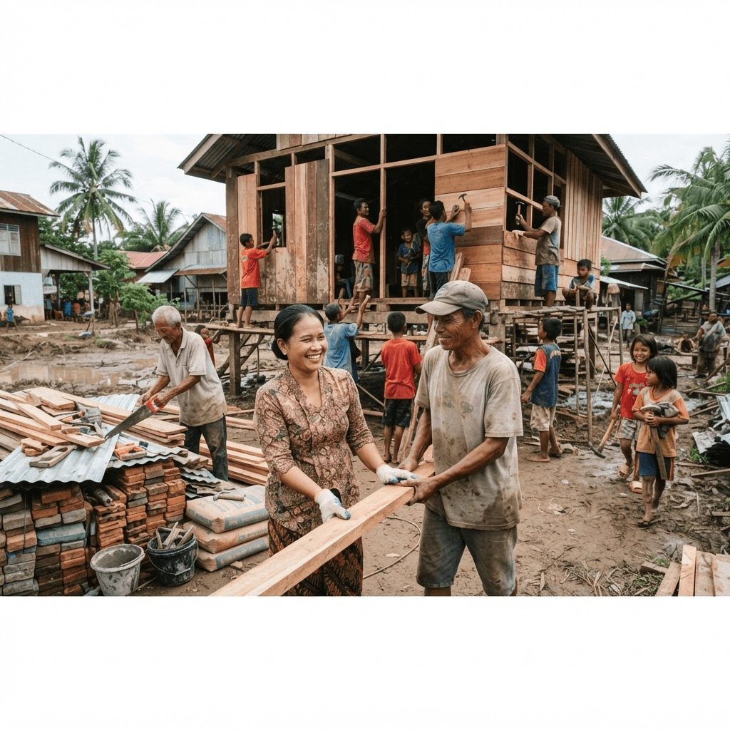 A neighborhood damaged by conflict, with homes reduced to rubble