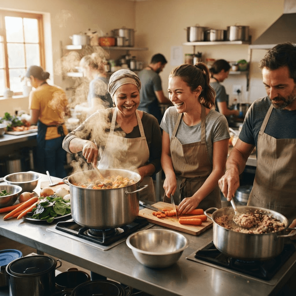 Volunteers preparing meals in a community kitchen
