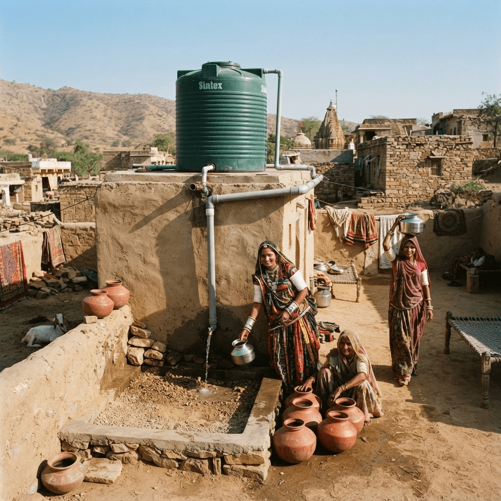 Rural Rajasthan residents collecting water from a rainwater harvesting system